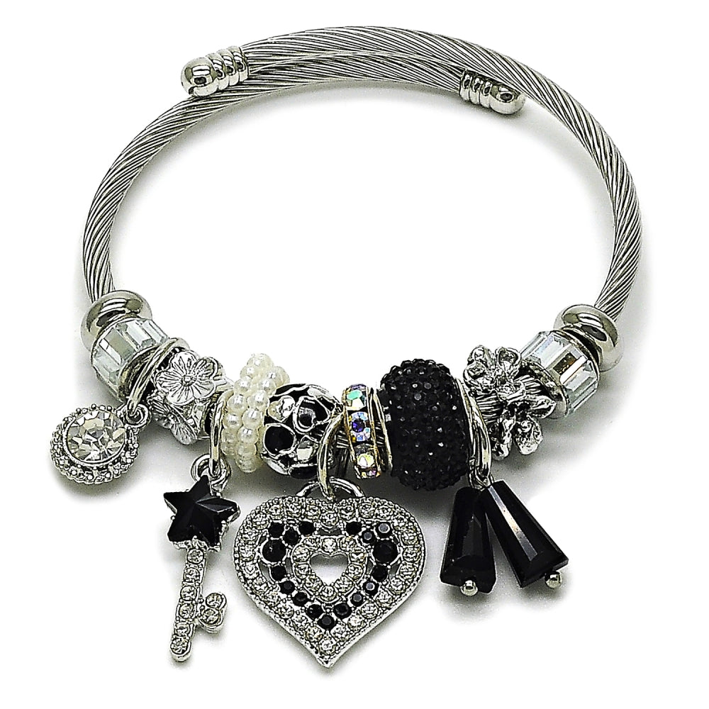 Stainless Steel Individual Bangle, Heart and key Design, with Jet and Crystal Crystal, Black Enamel Finish, Steel Finish