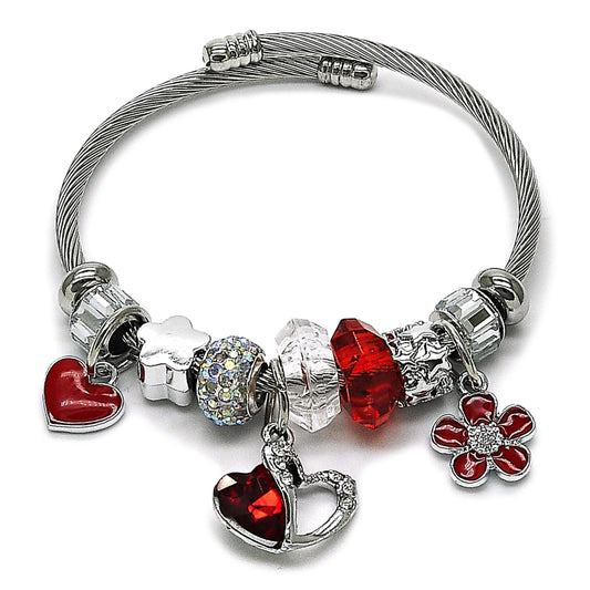 Stainless Steel Individual Bangle, Heart and Flower Design, with Light Siam and Aurore Boreale Crystal, Red Enamel Finish, Steel Finish