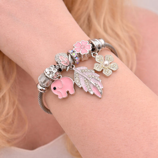 Stainless Steel Individual Bangle, Leaf and Elephant Design, with Crystal Crystal and Ivory Pearl, Pink Enamel Finish, Steel Finish