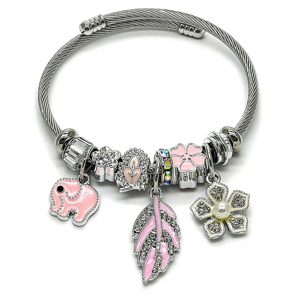 Stainless Steel Individual Bangle, Leaf and Elephant Design, with Crystal Crystal and Ivory Pearl, Pink Enamel Finish, Steel Finish