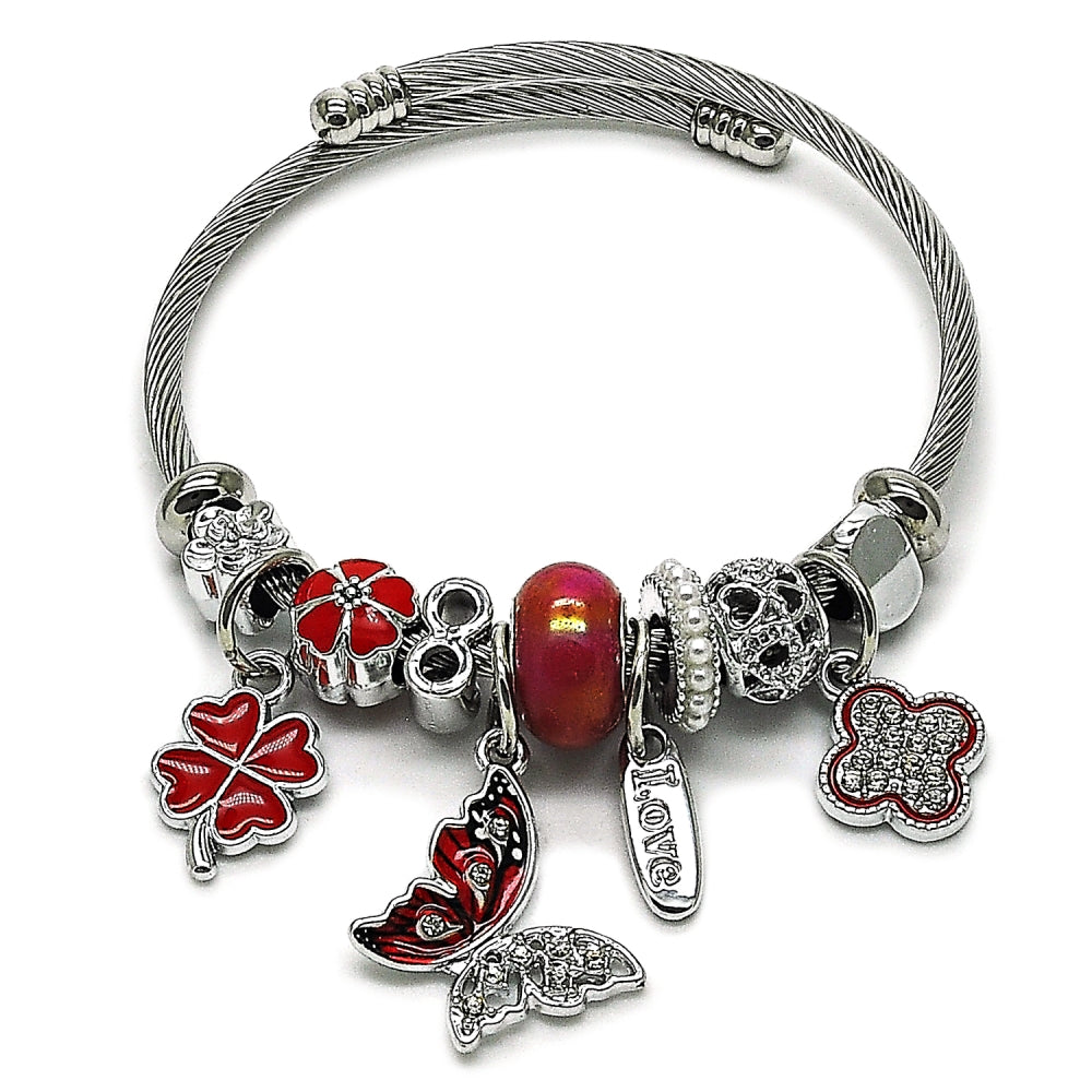 Stainless Steel Individual Bangle, Butterfly and Four-leaf Clover Design, with Crystal and Aurore Boreale Crystal, Red Enamel Finish, Steel Finish