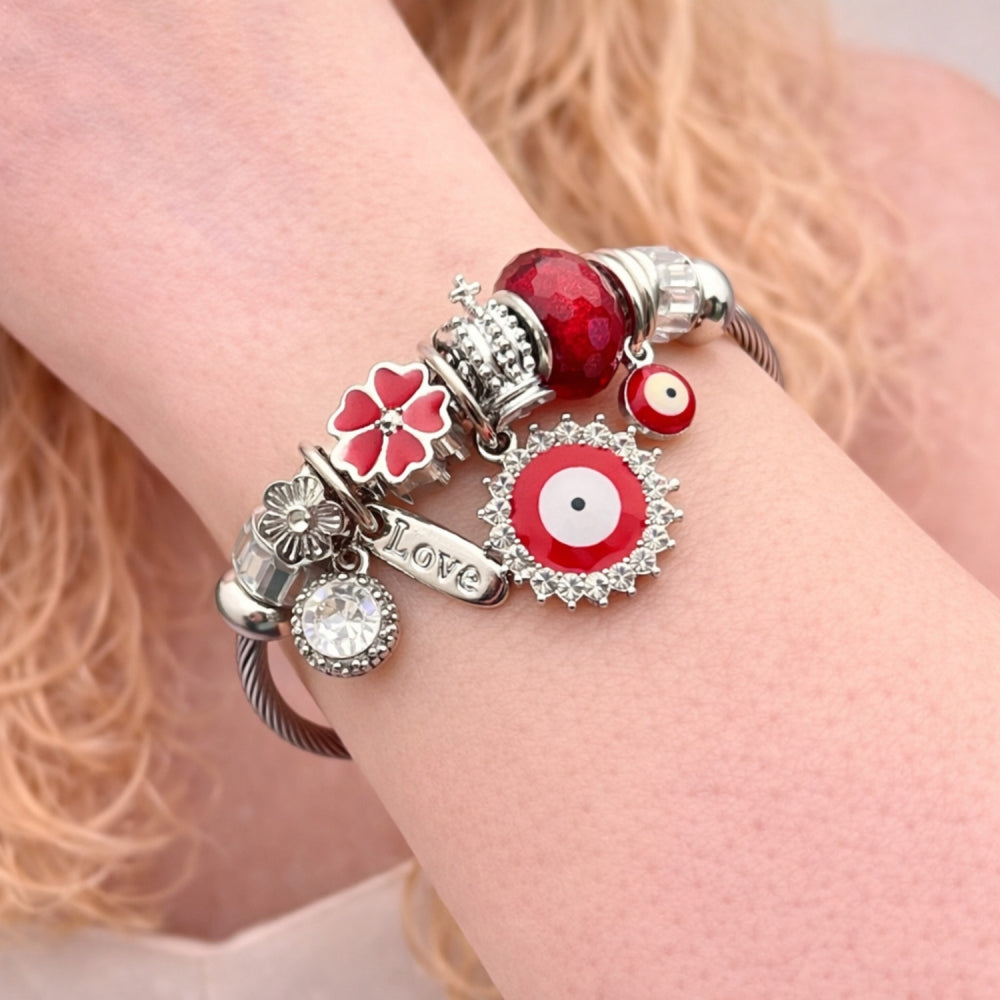 Stainless Steel Individual Bangle, Evil Eye and Flower Design, with Crystal and Siam Crystal, Red Enamel Finish, Steel Finish