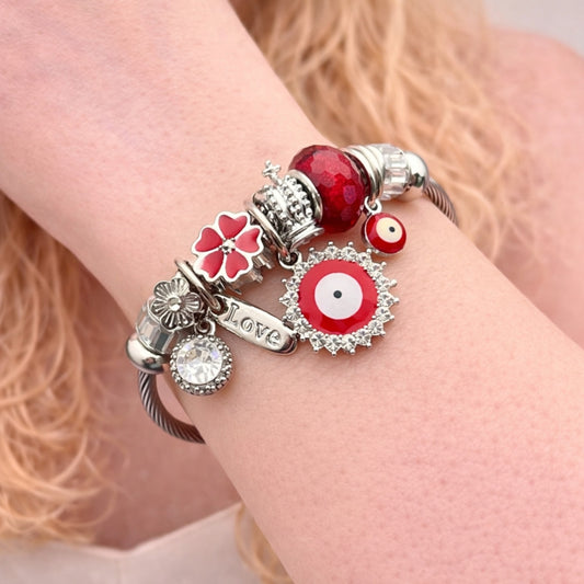 Stainless Steel Individual Bangle, Evil Eye and Flower Design, with Crystal and Siam Crystal, Red Enamel Finish, Steel Finish