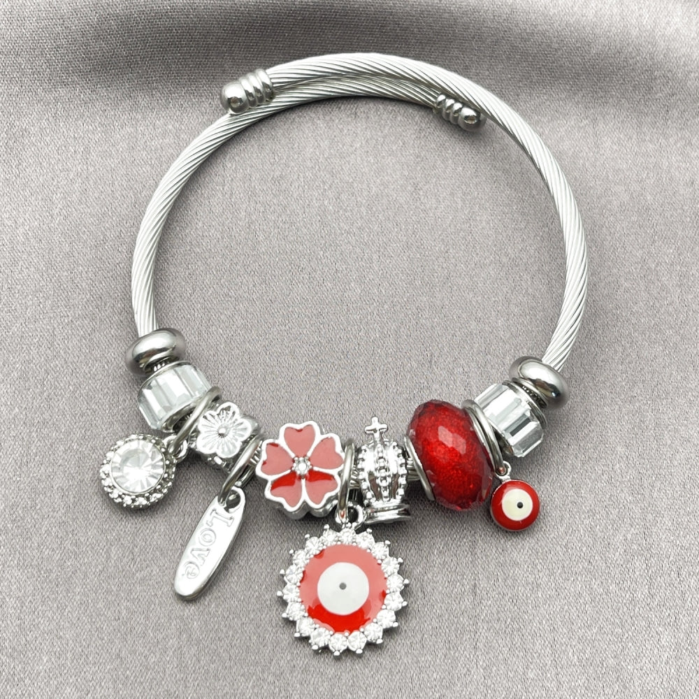 Stainless Steel Individual Bangle, Evil Eye and Flower Design, with Crystal and Siam Crystal, Red Enamel Finish, Steel Finish