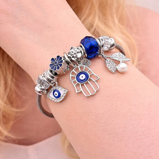 Stainless Steel Individual Bangle, Hand of God and Evil Eye Design, with Tanzanite and Crystal Crystal, Blue Enamel Finish, Steel Finish
