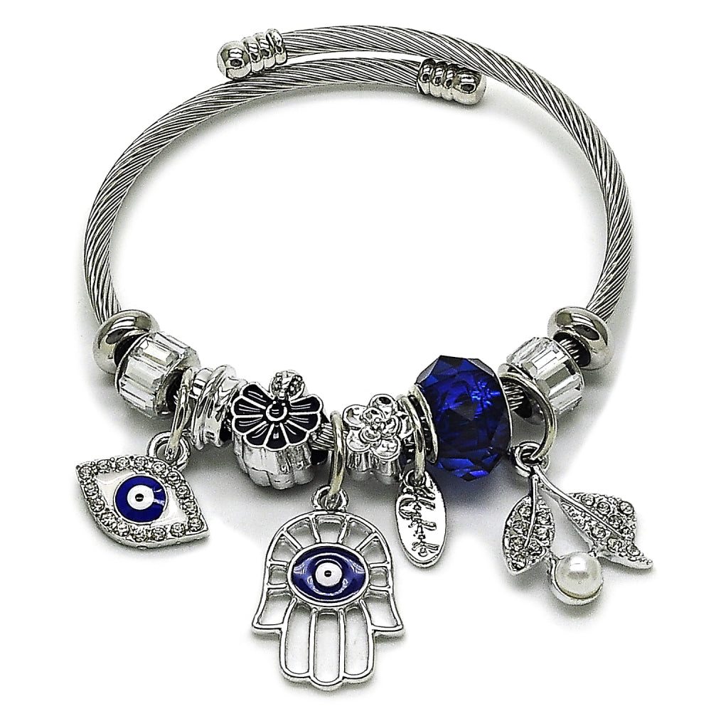 Stainless Steel Individual Bangle, Hand of God and Evil Eye Design, with Tanzanite and Crystal Crystal, Blue Enamel Finish, Steel Finish