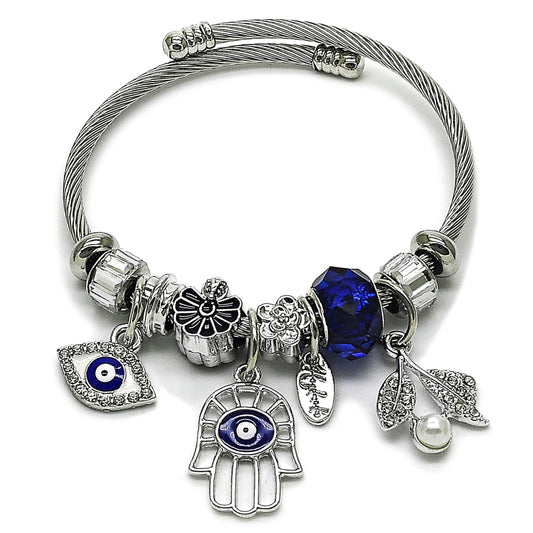 Stainless Steel Individual Bangle, Hand of God and Evil Eye Design, with Tanzanite and Crystal Crystal, Blue Enamel Finish, Steel Finish