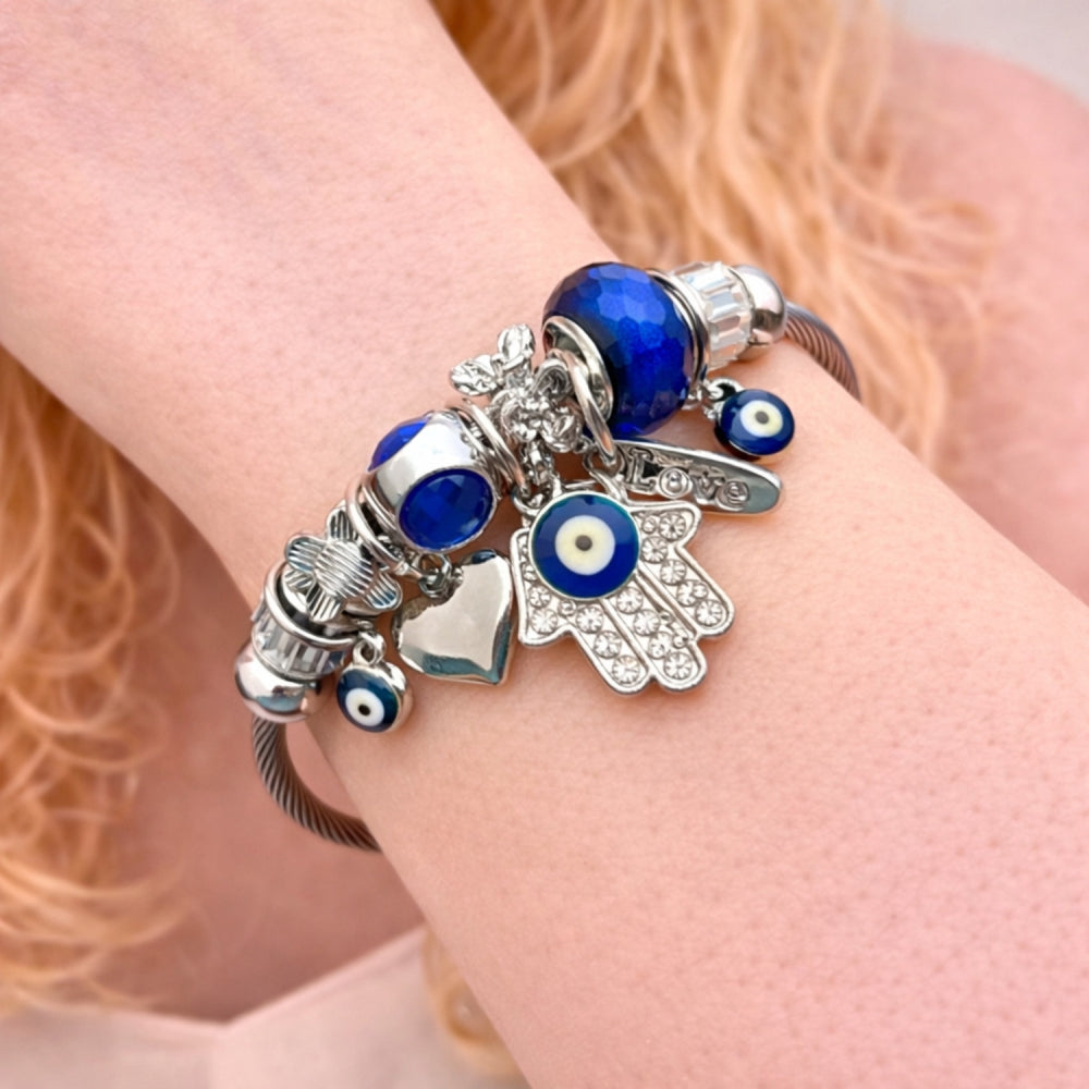 Stainless Steel Individual Bangle, Hand of God and Evil Eye Design, with Montana and Crystal Crystal, Blue Enamel Finish, Steel Finish