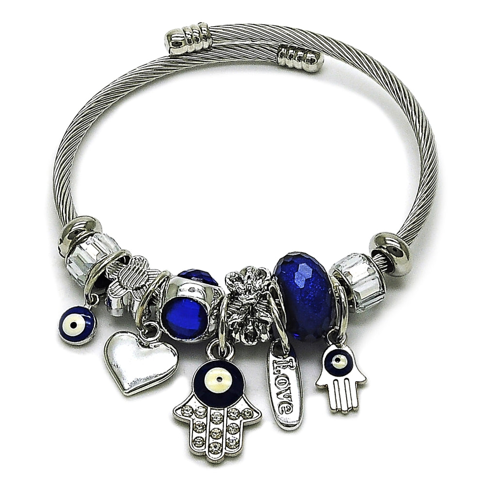 Stainless Steel Individual Bangle, Hand of God and Evil Eye Design, with Montana and Crystal Crystal, Blue Enamel Finish, Steel Finish