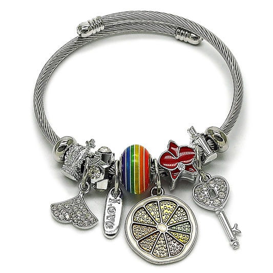 Stainless Steel Individual Bangle, key and Love Design, with Crystal Crystal, Red Enamel Finish, Steel Finish