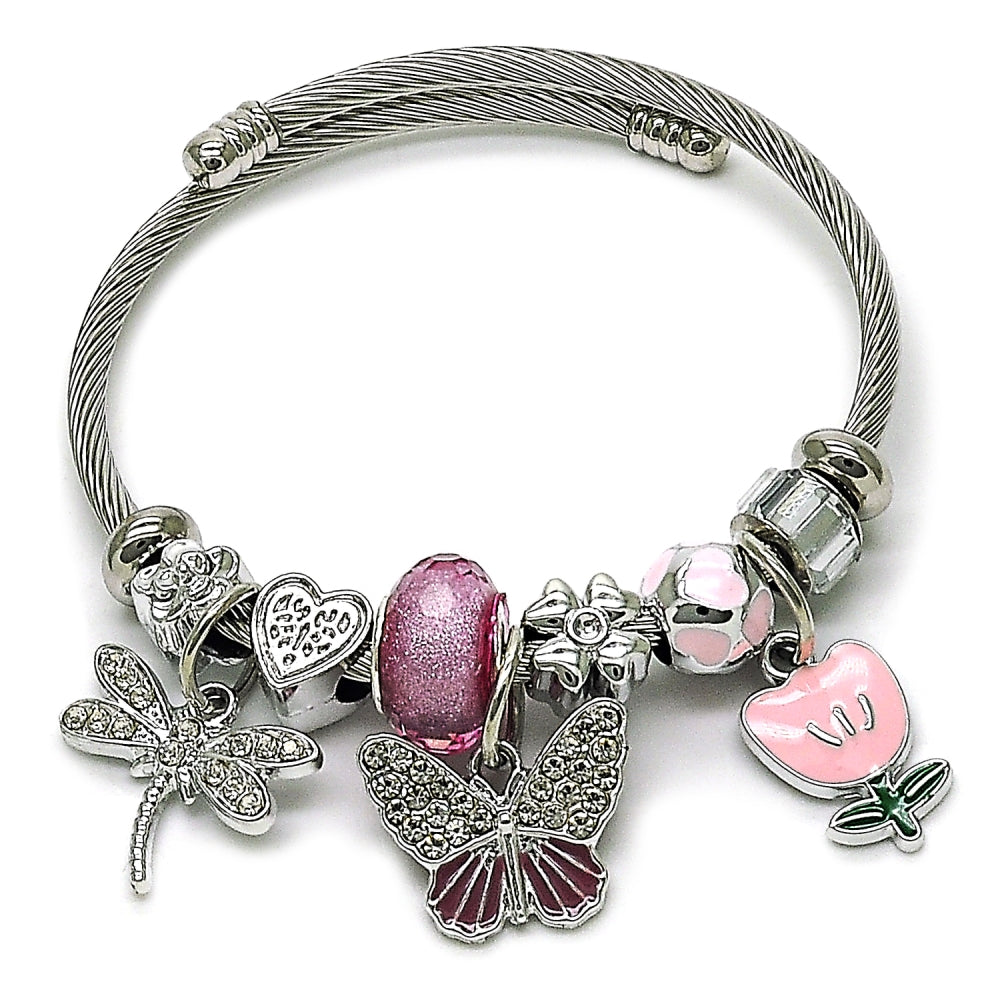 Stainless Steel Individual Bangle, Butterfly and Dragon-Fly Design, with Crystal and Light Rose Crystal, Pink Enamel Finish, Steel Finish