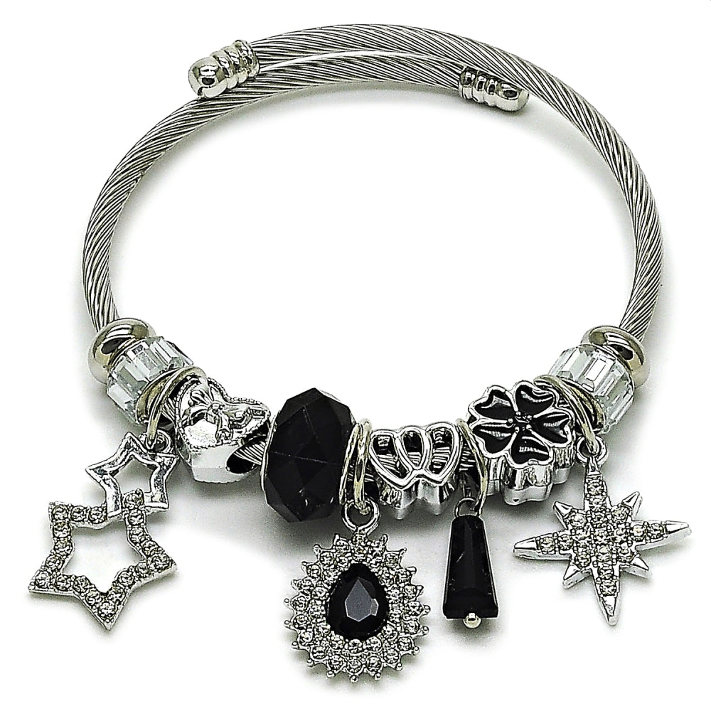Stainless Steel Individual Bangle, Teardrop and Star Design, with Crystal and Jet Crystal, Black Enamel Finish, Steel Finish