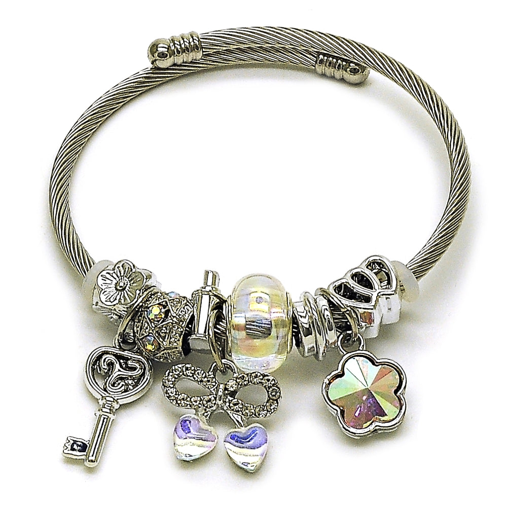 Stainless Steel Individual Bangle, Cherry and Bow Design, with Aurore Boreale and Crystal Crystal, Polished, Steel Finish
