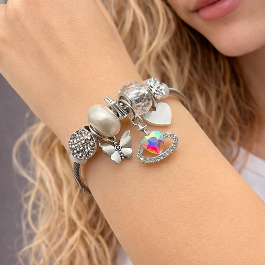 Stainless Steel Individual Bangle, Heart and Butterfly Design, with Aurore Boreale and Crystal Crystal, White Enamel Finish, Steel Finish