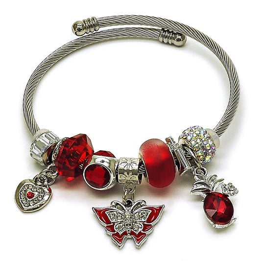Stainless Steel Individual Bangle, Butterfly and Heart Design, with Crystal and Aurore Boreale Crystal, Red Enamel Finish, Steel Finish