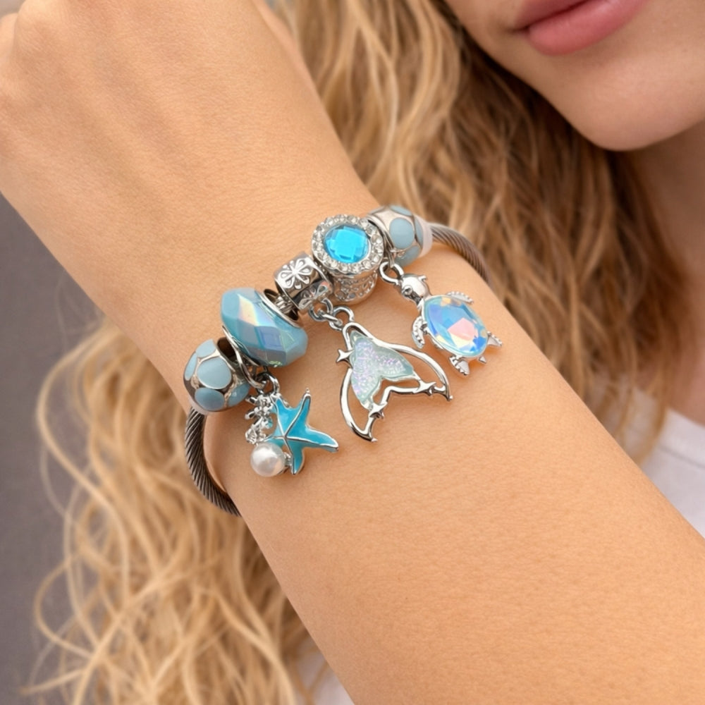 Stainless Steel Individual Bangle, Butterfly and Turtle Design, with Light Turquoise and Blue Zircon Crystal, Turquoise Enamel Finish, Steel Finish