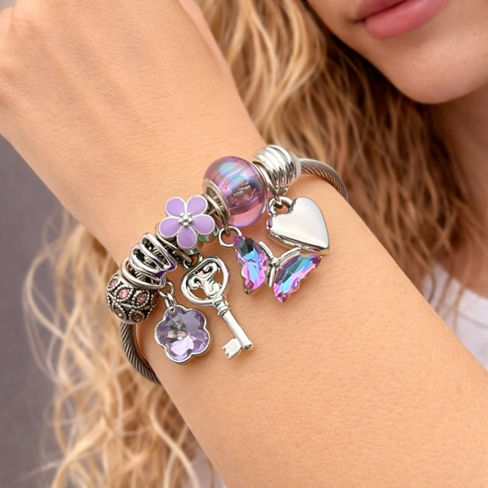 Stainless Steel Individual Bangle, Heart and Butterfly Design, with Tanzanite Crystal, Purple Enamel Finish, Steel Finish