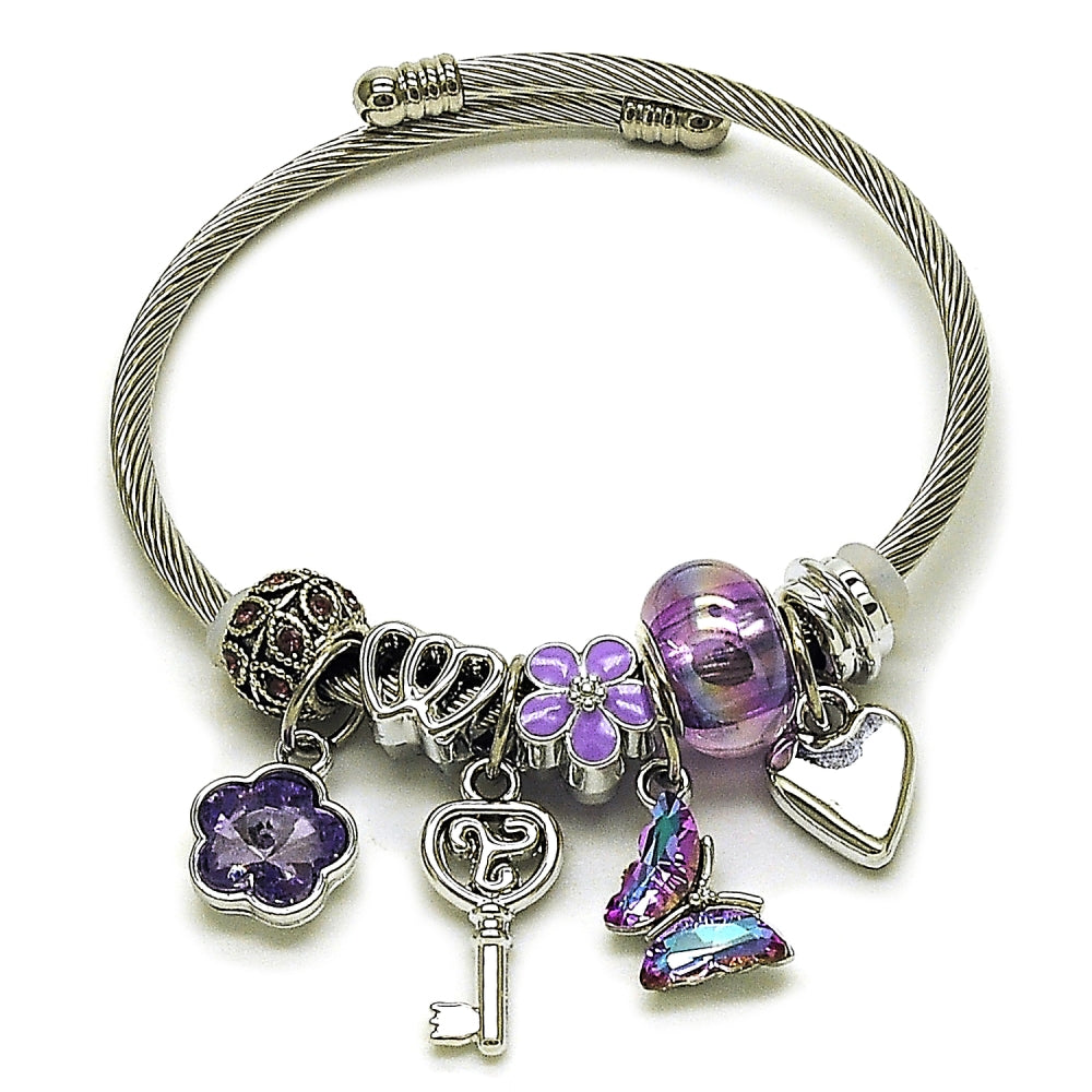 Stainless Steel Individual Bangle, Heart and Butterfly Design, with Tanzanite Crystal, Purple Enamel Finish, Steel Finish