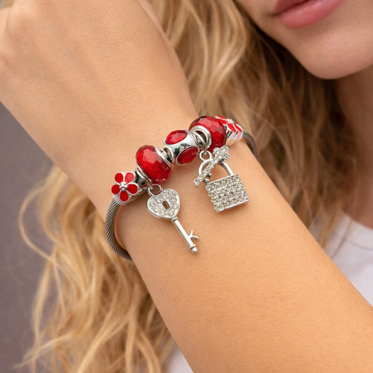 Stainless Steel Individual Bangle, key and Lock Design, with Siam and Crystal Crystal, Red Enamel Finish, Steel Finish