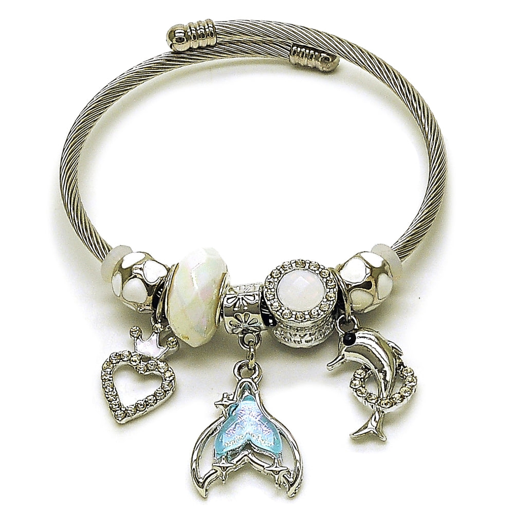 Stainless Steel Individual Bangle, Fish and Heart Design, with Light Turquoise and Crystal Crystal, White Enamel Finish, Steel Finish