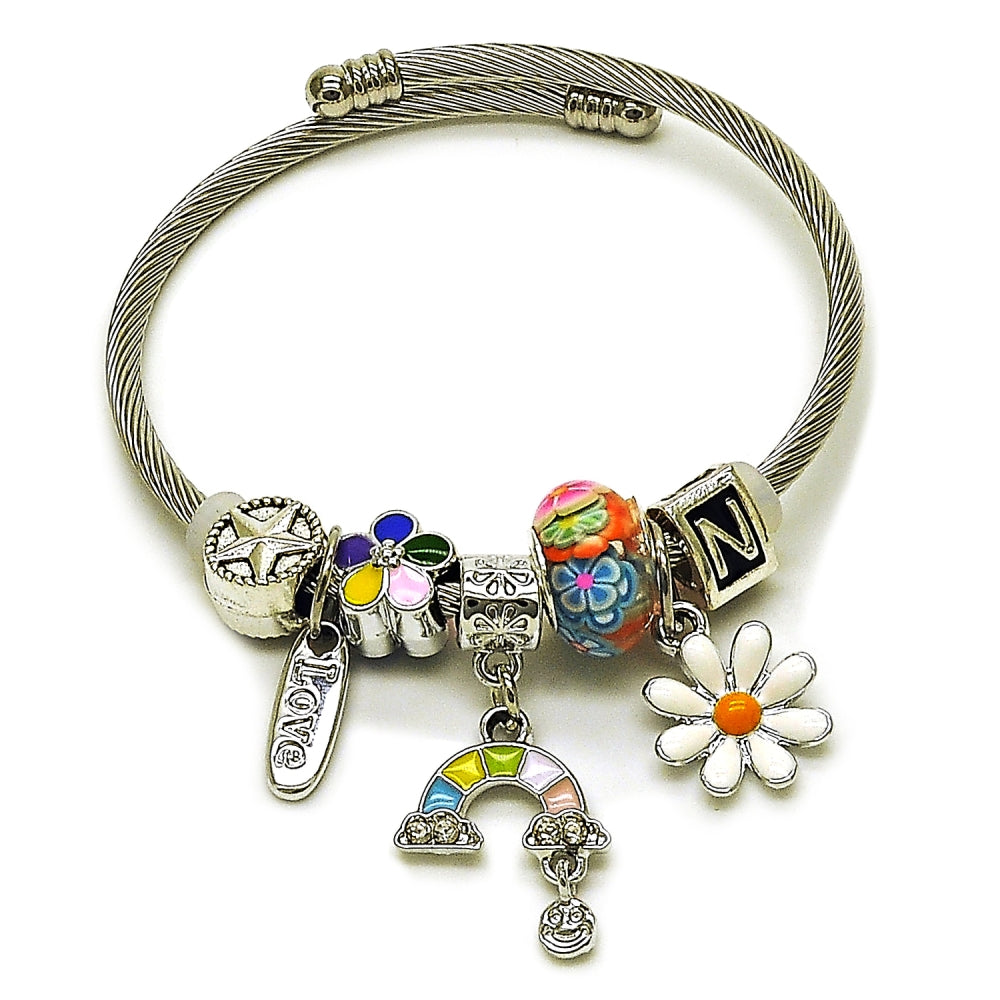 Stainless Steel Individual Bangle, Flower and Horseshoe Design, with Crystal Crystal, Multicolor Enamel Finish, Steel Finish