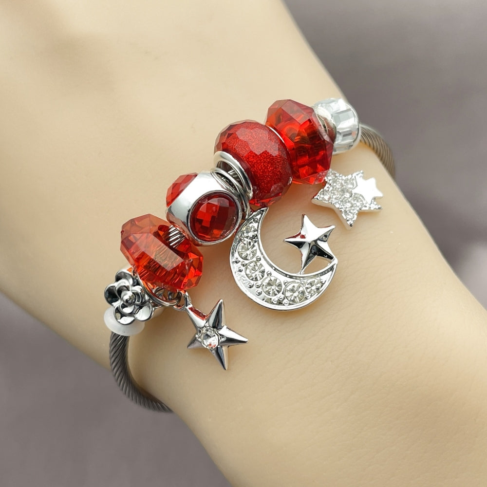 Stainless Steel Individual Bangle, Moon and Star Design, with Siam and Crystal Crystal, Polished, Steel Finish