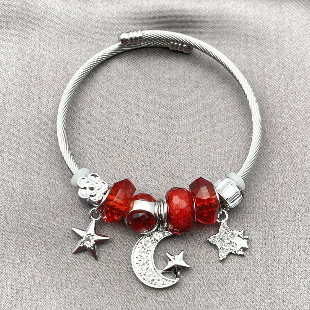 Stainless Steel Individual Bangle, Moon and Star Design, with Siam and Crystal Crystal, Polished, Steel Finish