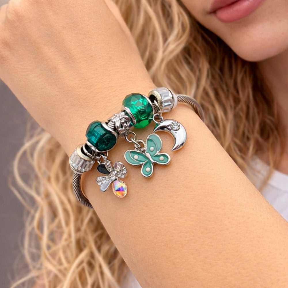Stainless Steel Individual Bangle, Butterfly and Four-leaf Clover Design, with Emerald and Aurore Boreale Crystal, Turquoise Enamel Finish, Steel Finish