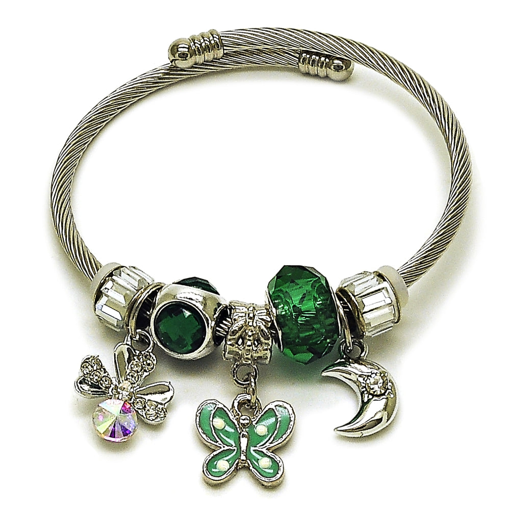 Stainless Steel Individual Bangle, Butterfly and Four-leaf Clover Design, with Emerald and Aurore Boreale Crystal, Turquoise Enamel Finish, Steel Finish