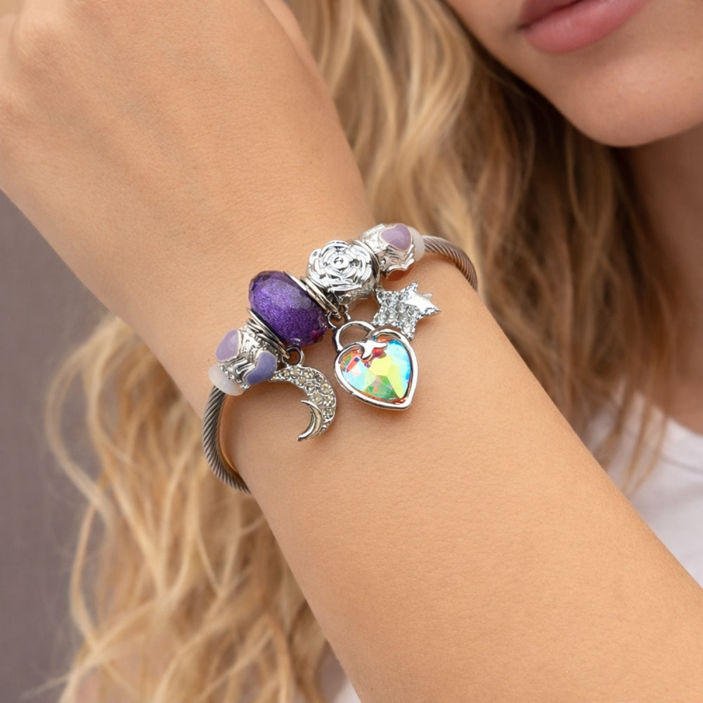 Stainless Steel Individual Bangle, Heart and Moon Design, with Aurore Boreale and Crystal Crystal, Purple Enamel Finish, Steel Finish
