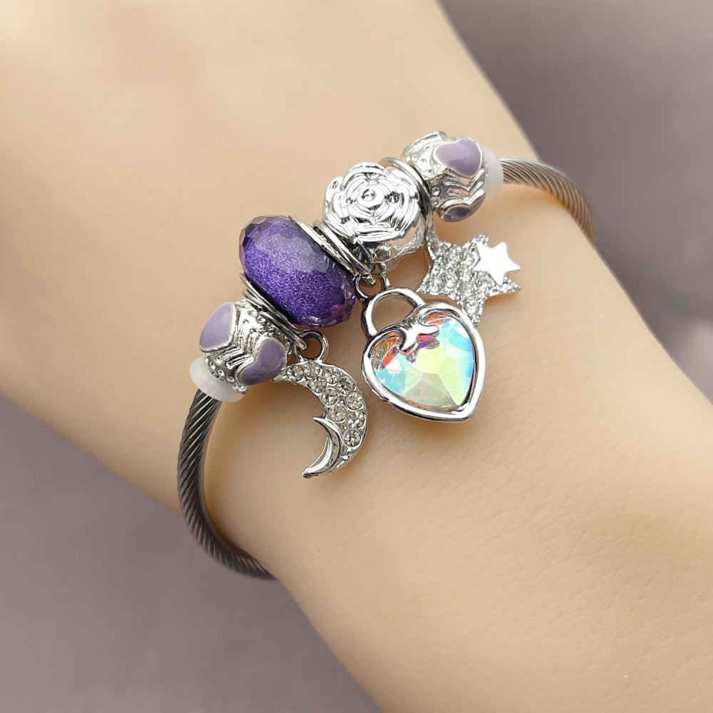 Stainless Steel Individual Bangle, Heart and Moon Design, with Aurore Boreale and Crystal Crystal, Purple Enamel Finish, Steel Finish