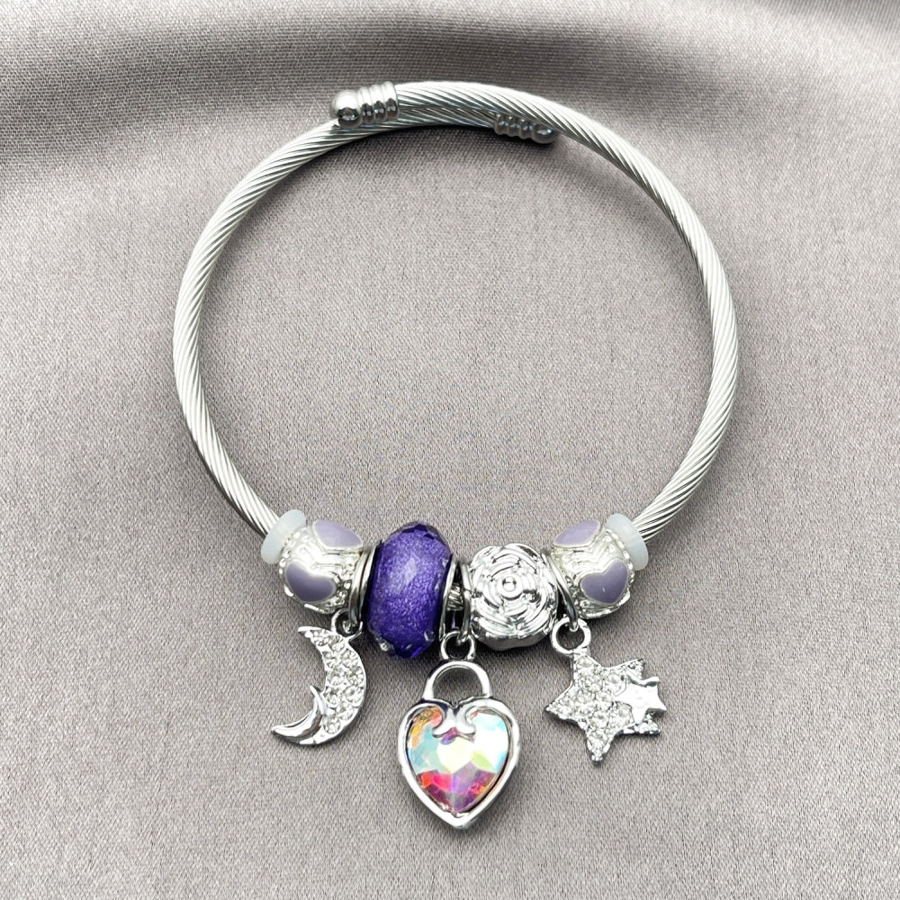 Stainless Steel Individual Bangle, Heart and Moon Design, with Aurore Boreale and Crystal Crystal, Purple Enamel Finish, Steel Finish
