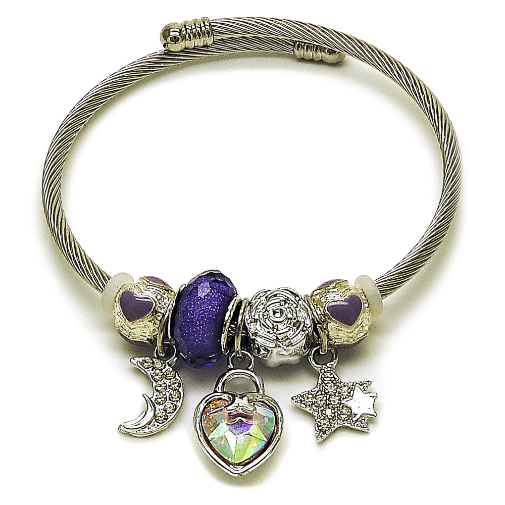 Stainless Steel Individual Bangle, Heart and Moon Design, with Aurore Boreale and Crystal Crystal, Purple Enamel Finish, Steel Finish