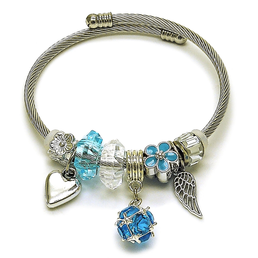 Stainless Steel Individual Bangle, Ball and Heart Design, with Indicolite and Crystal Crystal, Turquoise Enamel Finish, Steel Finish
