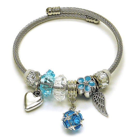 Stainless Steel Individual Bangle, Ball and Heart Design, with Indicolite and Crystal Crystal, Turquoise Enamel Finish, Steel Finish