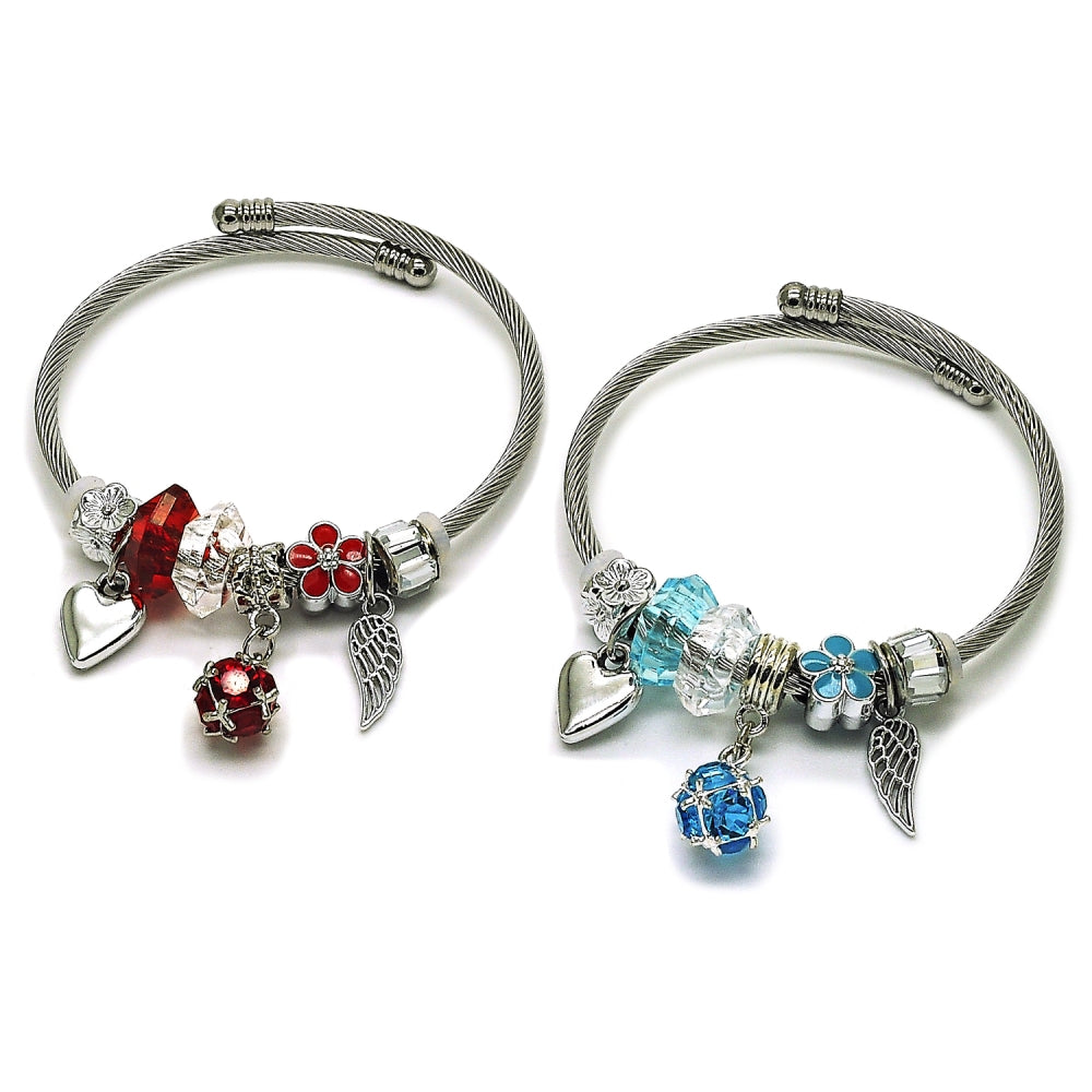 Stainless Steel Individual Bangle, Ball and Heart Design, with Indicolite and Crystal Crystal, Turquoise Enamel Finish, Steel Finish
