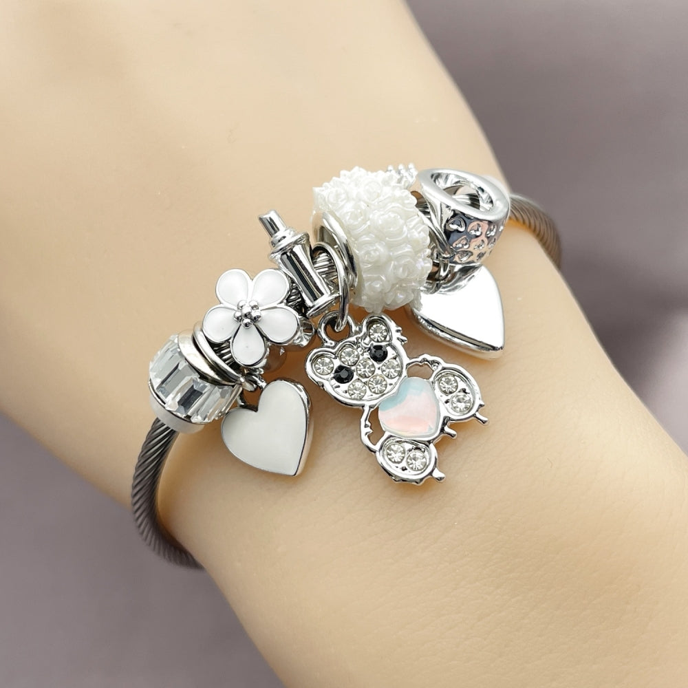 Stainless Steel Individual Bangle, Teddy Bear and Heart Design, with Chrysolite Opal and Crystal Crystal, White Enamel Finish, Steel Finish