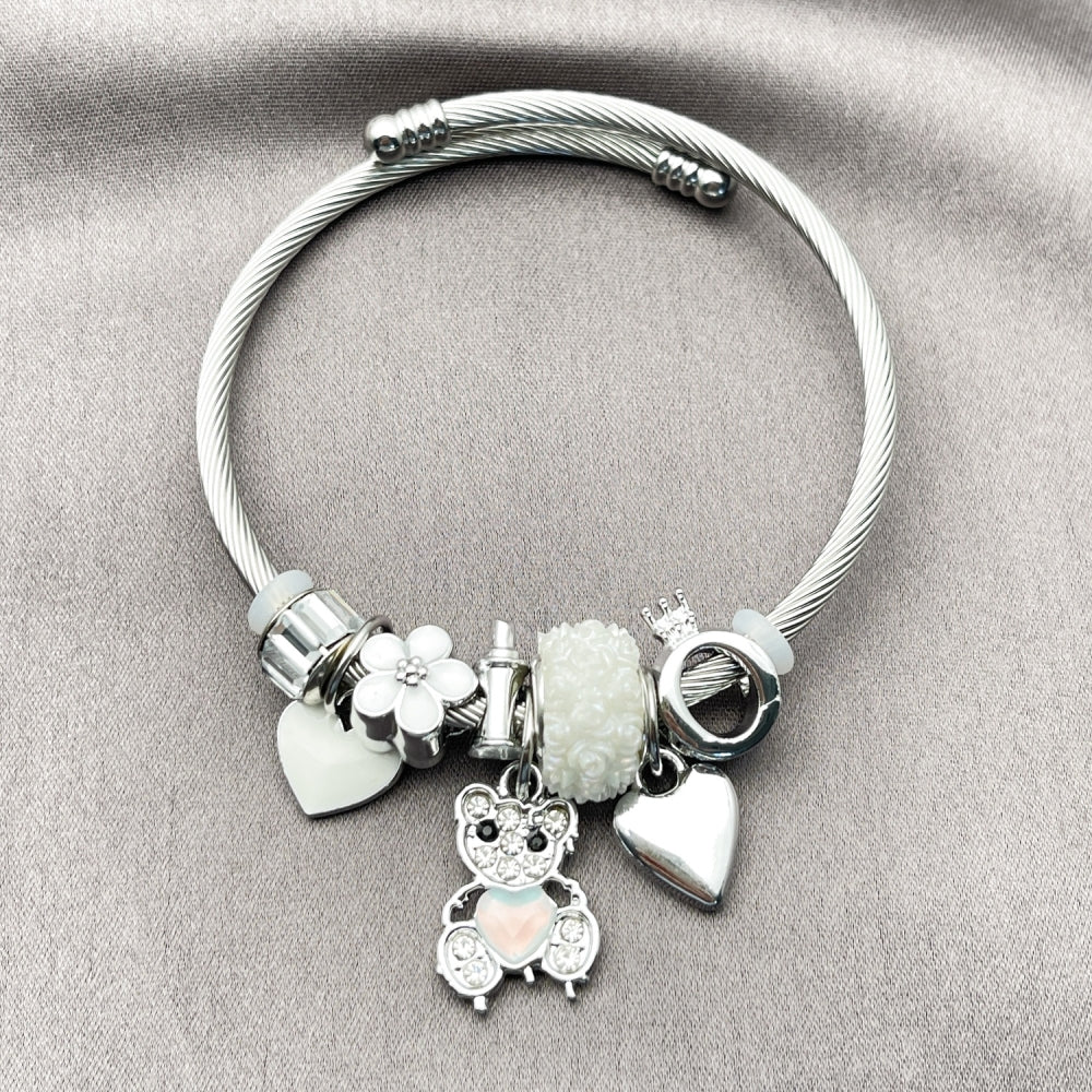 Stainless Steel Individual Bangle, Teddy Bear and Heart Design, with Chrysolite Opal and Crystal Crystal, White Enamel Finish, Steel Finish
