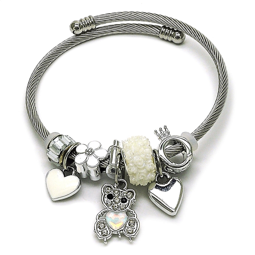 Stainless Steel Individual Bangle, Teddy Bear and Heart Design, with Chrysolite Opal and Crystal Crystal, White Enamel Finish, Steel Finish