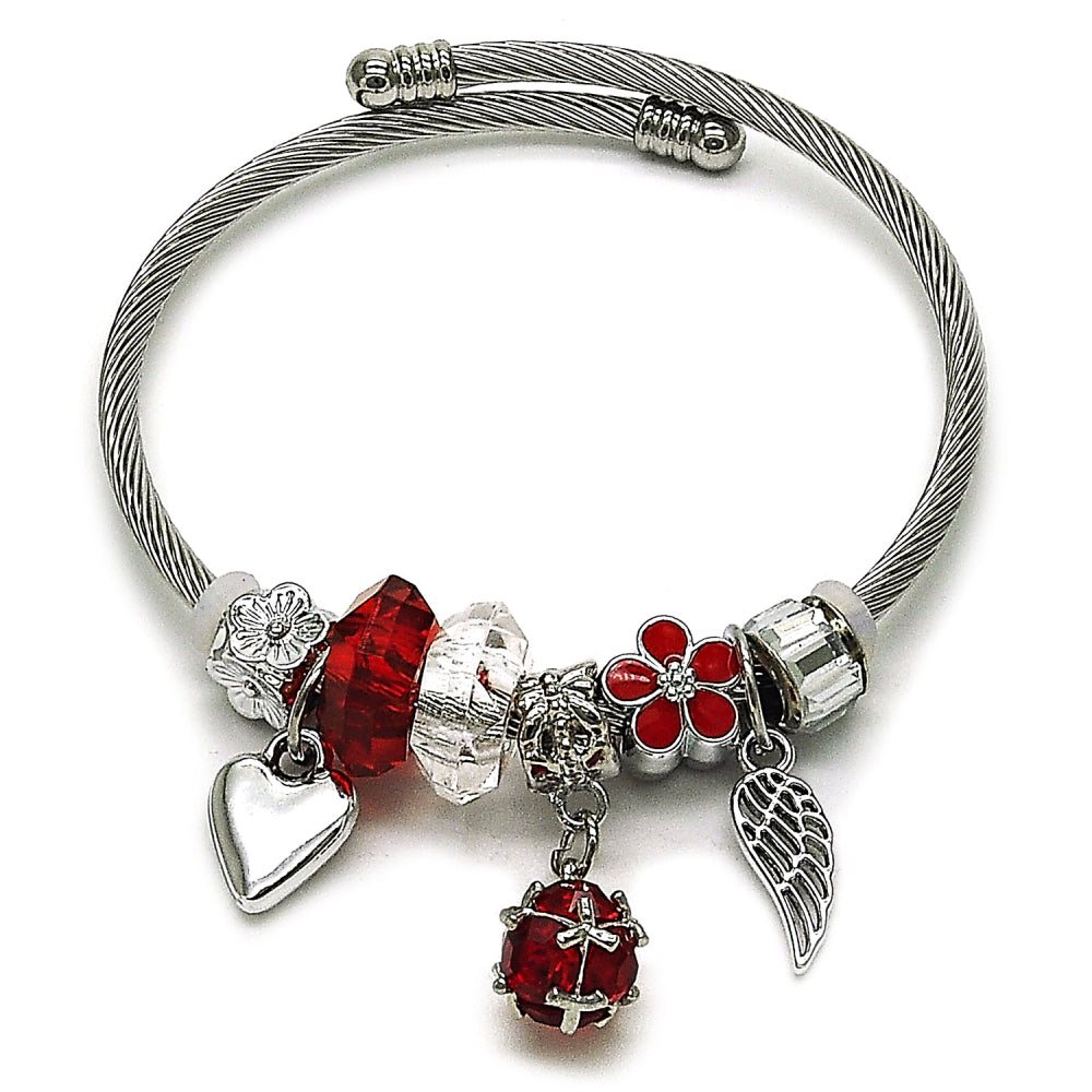 Stainless Steel Individual Bangle, Ball and Heart Design, with Siam and Crystal Crystal, Red Enamel Finish, Steel Finish
