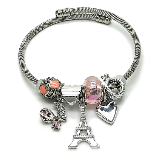 Stainless Steel Individual Bangle, Eiffel Tower and Butterfly Design, with Light Rose and Aurore Boreale Crystal, Pink Enamel Finish, Steel Finish