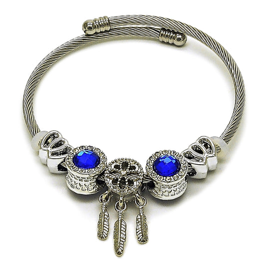 Stainless Steel Individual Bangle, Heart and Leaf Design, with Sapphire Blue and Crystal Crystal, Polished, Steel Finish