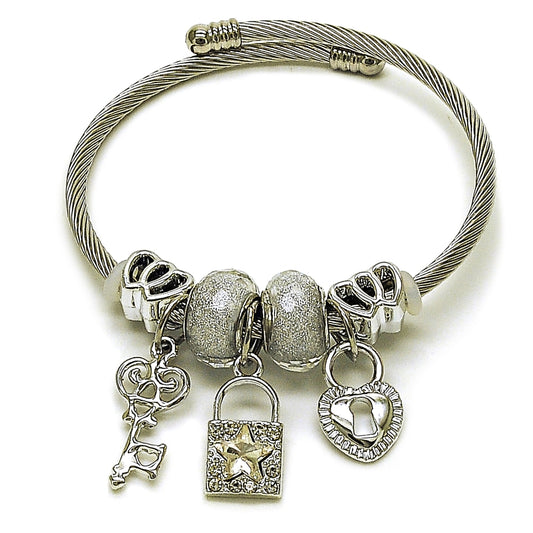 Stainless Steel Individual Bangle, key and Lock Design, with Blue Shade and Crystal Crystal, Polished, Steel Finish