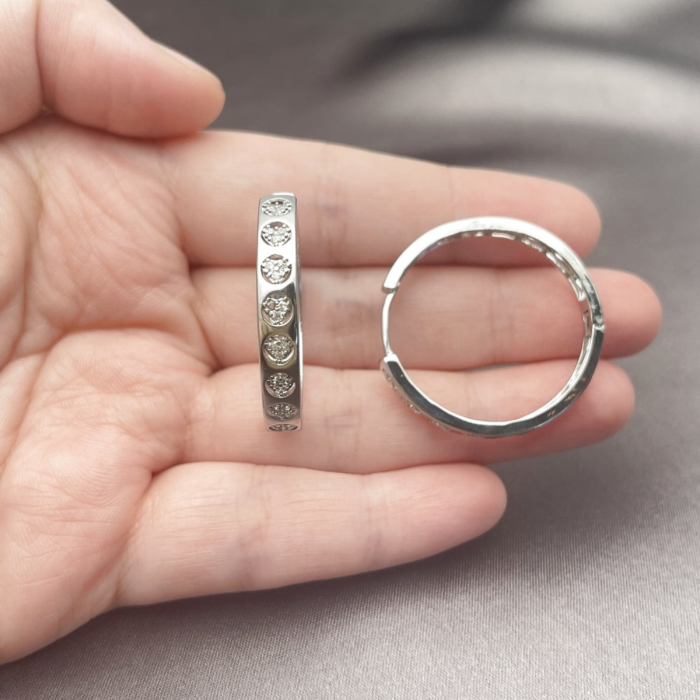 White Gold Filled Huggie Hoop, Heart Design, with White Micro Pave, Polished, Rhodium Finish