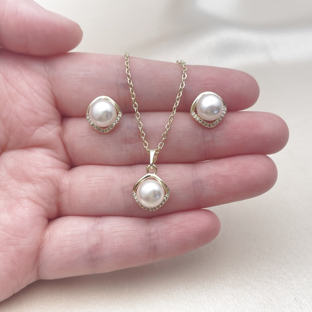 Oro Laminado Earring and Pendant Adult Set, Gold Filled Style Cluster Design, with Ivory Pearl and White Micro Pave, Polished, Golden Finish