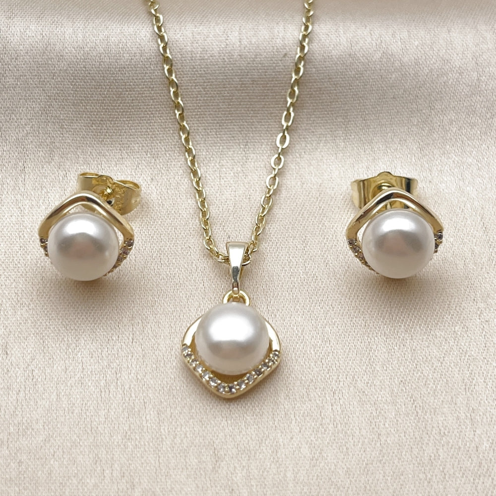 Oro Laminado Earring and Pendant Adult Set, Gold Filled Style Cluster Design, with Ivory Pearl and White Micro Pave, Polished, Golden Finish