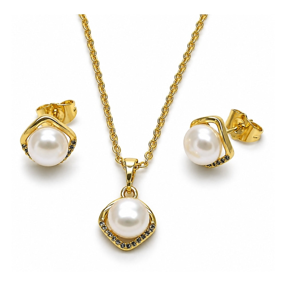 Oro Laminado Earring and Pendant Adult Set, Gold Filled Style Cluster Design, with Ivory Pearl and White Micro Pave, Polished, Golden Finish