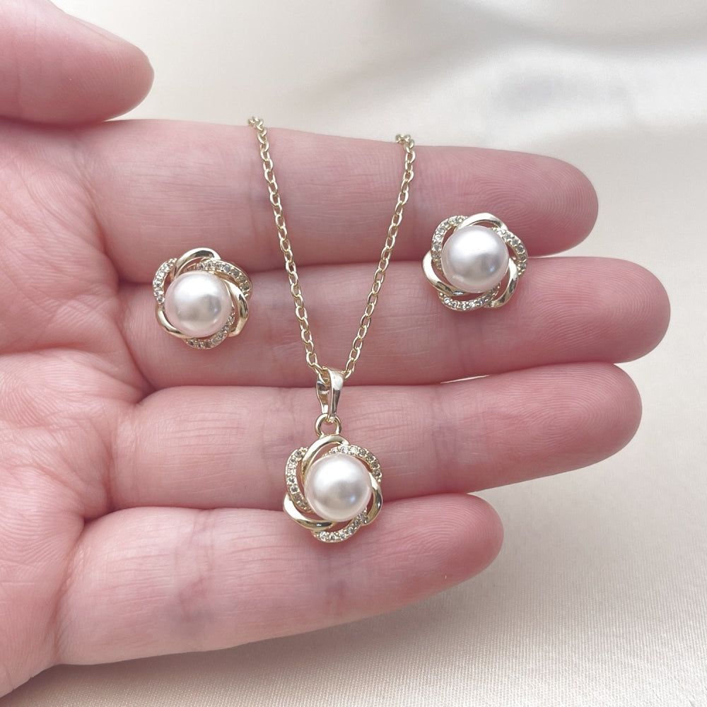Oro Laminado Earring and Pendant Adult Set, Gold Filled Style Flower Design, with Ivory Pearl and White Micro Pave, Polished, Golden Finish