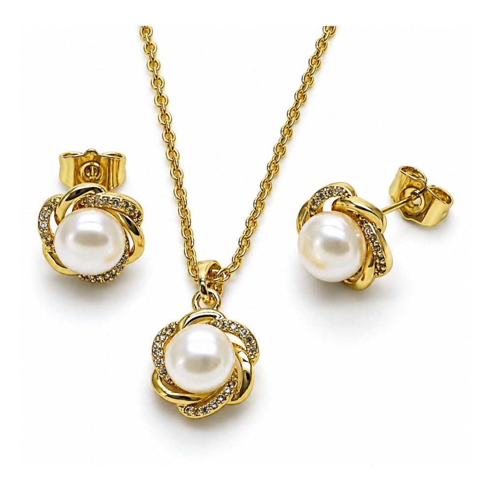 Oro Laminado Earring and Pendant Adult Set, Gold Filled Style Flower Design, with Ivory Pearl and White Micro Pave, Polished, Golden Finish