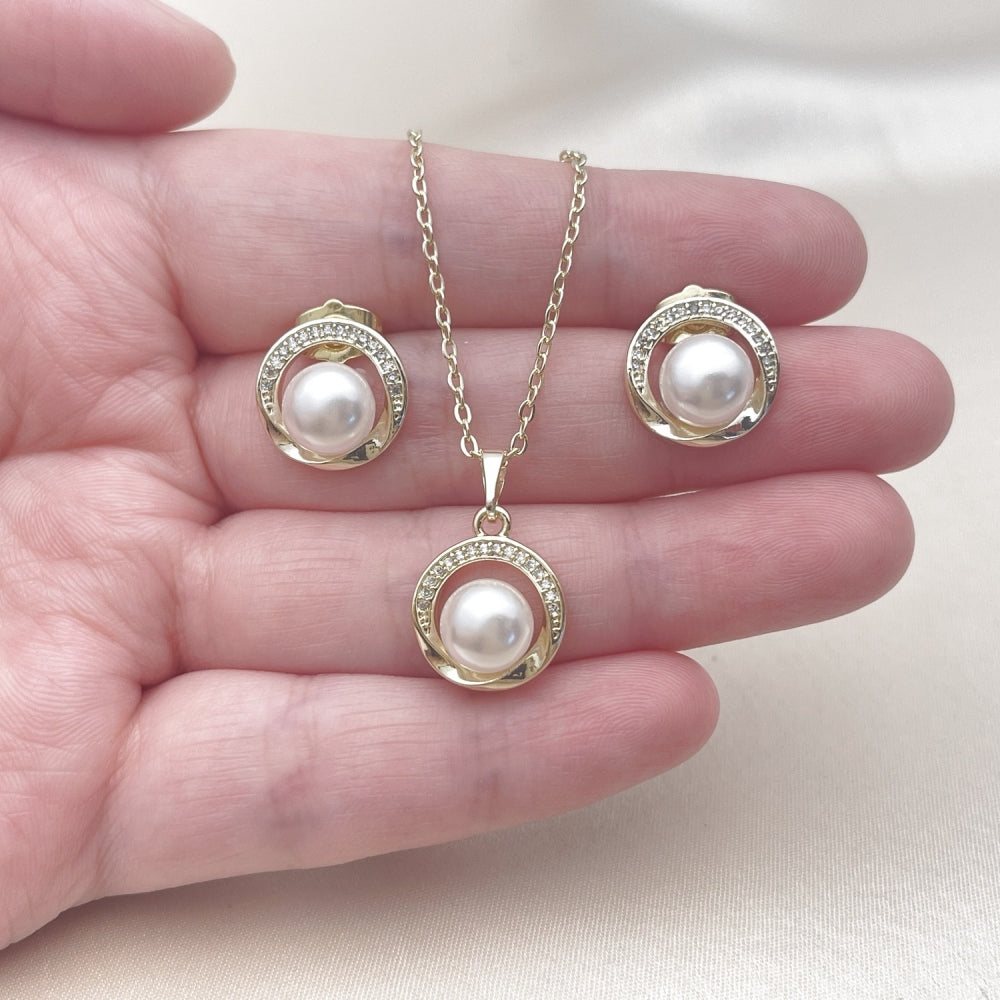 Oro Laminado Earring and Pendant Adult Set, Gold Filled Style Cluster Design, with Ivory Pearl and White Micro Pave, Polished, Golden Finish